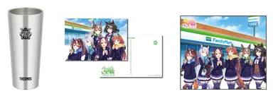 トレセン学園ロゴ入りタンブラー（左）、オリジナルポストカード（中）、オリジナルキャンバスアート（右）(C)Cygames, Inc.