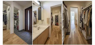 玄関とつながるシューズクロークと洋服収納のクローゼット(左)、玄関から一直線につながる洗面室。帰宅後に服を着替えてそのまま手を洗えるため、衛生的にも安心(中央)、奥に見えるランドリーで干して乾いた衣類は、ハンガーのままクローゼットへ(右)