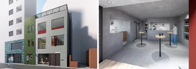 「東京tebiki隣」外観(左)と、1F「Share Kitchen」