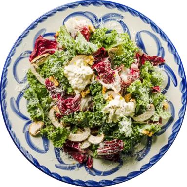ケールとトレビス、クルミ、フレッシュモッツァレラのサラダ バルサミコソース