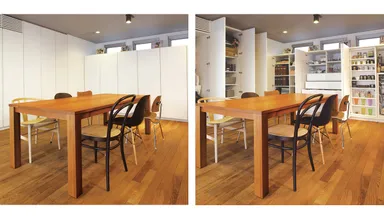 一見壁のような収納は、子どもの通園グッズから仕事の書類、リビング用品、食品のストックまで無駄なく活用