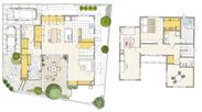 Sさん邸の見取り図。左が1階、右が2階。収納スペース(黄色部分)を家族の生活に合わせて計画