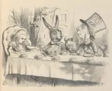 ２．狂った帽子屋のお茶会でのアリス、『不思議の国のアリス』より、ジョン・テニエル、1865年、V&A内ナショナル・アート図書館蔵 C. Victoria and Albert Museum, London