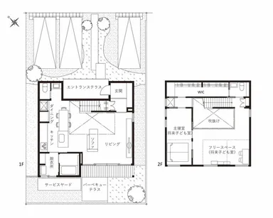 1階に大空間リビング、2階に広々としたフリースペースを設けたFさん邸の間取り　2階のフリースペースは、本棚を置いて半個室化することも可能