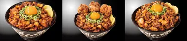 左から『熟成背脂黒すた丼』880円(税込)『唐揚げ合盛り背脂黒すた丼』1,080円(税込)『熟成背脂黒すた丼　大爆発盛り』1,280円(税込)
