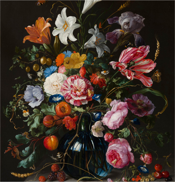 ガラスの花瓶に生けた花の静物画（680×680） - 絵画