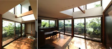 大きな窓と吹き抜けにより、どこを見ても緑がいっぱい