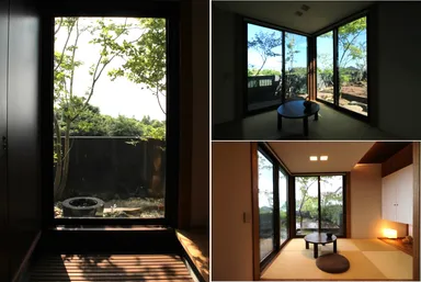 左・中：庭に設置した水鉢にはシジュウカラがやって来ることも　右上下：和室から見た庭