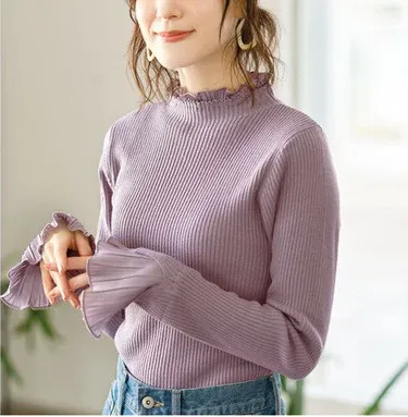 プリーツ付ハイネックリブトップス