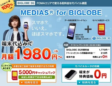 『「BIGLOBE 3G」2012秋特典』ページ