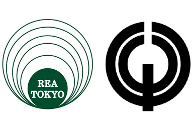 東京都不動産鑑定士協会ロゴマーク(左)、清瀬市市章(右)