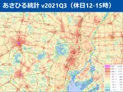 休日昼間の東京都心部の人口分布