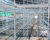 有機営農型ソーラーハウスの施工中の内部。キノコ菌床棚と構造部材を単管パイプで一体化させている