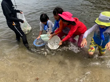 浜辺に打ち上がった微小貝とマイクロプラスチックをホウキで掃き集め海に落とし、浮き上がったマイクロプラスチックをざるですくって回収しているところ