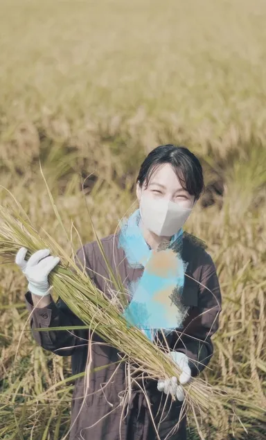 酒米の稲刈りをするプロジェクト代表