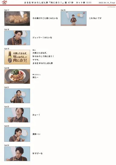 まる生Wおろしぽん酢『肉に合う！』篇　47秒　カット表(2/2)