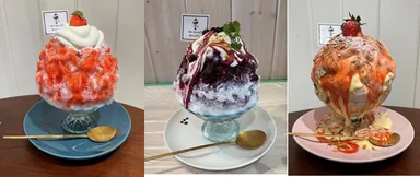 (左)奈良産朝採れ古都華　(中央)ブルーベリー美容×氷　(右)古都華カスタードパイ美容×氷
