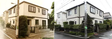 新築当時の生垣(左) 28年間手入れをし、成長した生垣(右)