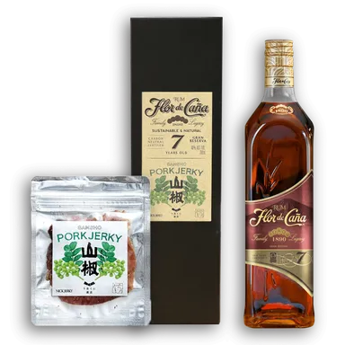 【フロール・デ・カーニャ7年】と【NICK JERKY　山椒ポークジャーキー】
