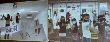 自ら考案した「古墳音頭」を踊る本学の学生(左側)とプナホウスクールの児童(右側)