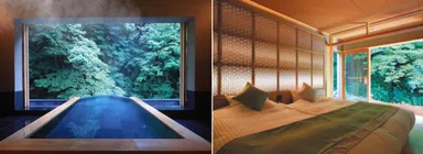 客室には天然温泉、リビング、ベッドルームを完備