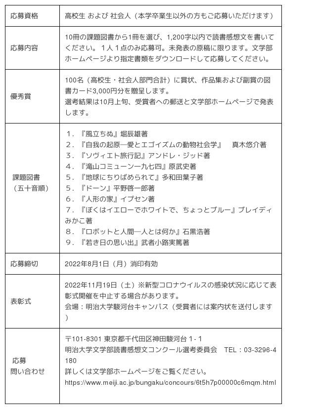 あなたの作品が本になります 明治大学文学部が第1４回読書感想文コンクールを開催 22年6月14日 ウーマンエキサイト