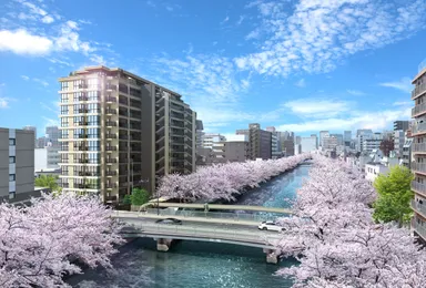 大横川の桜並木と外観完成予想CG