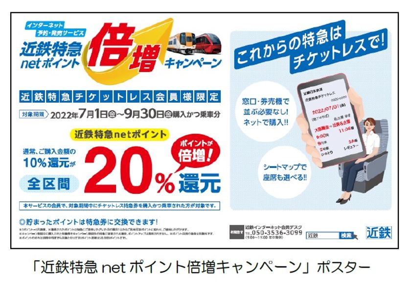 ― 近鉄グループ「さぁ　はじめよう、」キャンペーン 特別企画―
「近鉄特急netポイント倍増キャンペーン」を実施！
～チケットレスサービス利用でポイント２０％を還元～