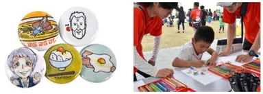 缶バッジの完成イメージ／ワークショップの様子