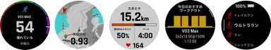 左から、トレイルランVO2 Max、NextForkマップガイド、リアルタイムスタミナ、おすすめワークアウト、アクティビティ機能