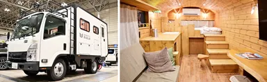 「アソモビ2022」に出展したキャンピングカー(左)やDIY改装したバンライフカー