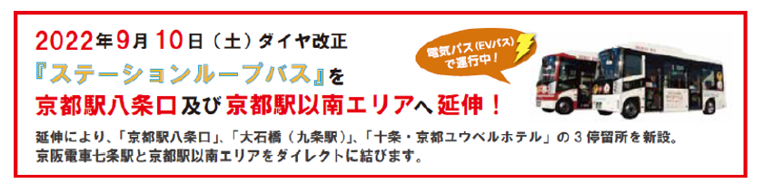 2022年9月10日(土)ダイヤ改正
電気バス(EVバス)で運行中の
『ステーションループバス』を
京都駅八条口及び京都駅以南エリアへ延伸!