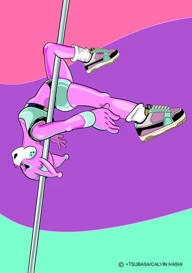 写真(上)のスニーカーを履いてポールダンスをするエイリアンキャット　アートポスター：￥3,300～