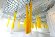 スタジオ内は白を基調としたシンプルなデザインに、エアリアルヨガの黄色い布が映えます