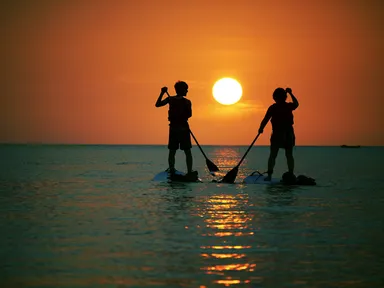 夕陽に向かって漕ぎすすむ