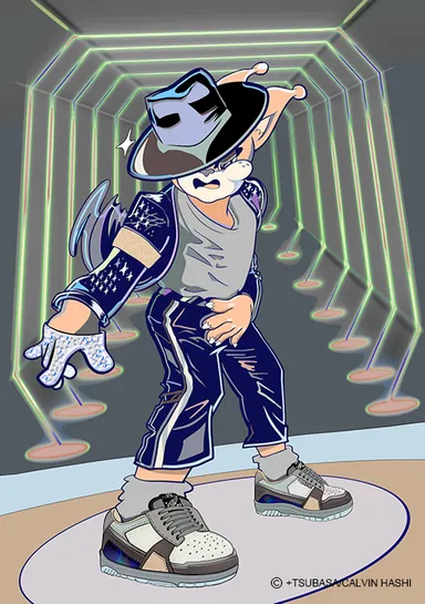 写真(上)のスニーカーを履いてダンスをするエイリアンキャット　アートポスター：￥3,300～