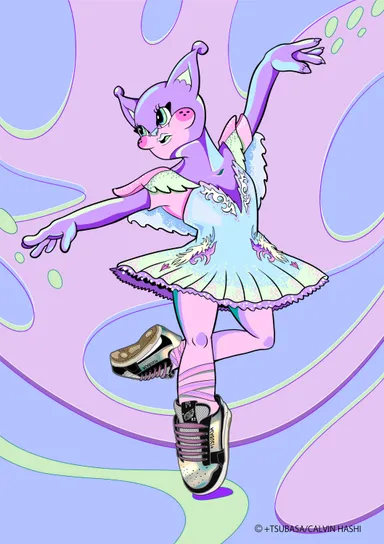 写真(上)のスニーカーを履いてバレエを踊るエイリアンキャット　アートポスター：￥3,300～