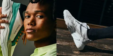 ＜スニーカー＞　りんごの廃棄物を使用した素材を使用　左MERO-MERO T-BLUE　￥36,300／右DOKI-DOKI WHITE　￥36,300　(どちらもMADE IN PORTUGAL)