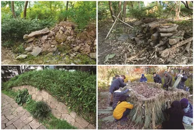 上段：積み上げた石の隙間や石垣のくぼみは虫や小動物の隠れ場所／間伐した枝や幹は昆虫や微生物の力を借りてゆっくり土に還る、下段：自然な美しさを残した除草と生き物の利用しやすさを両立／「新・里山」で育った竹と稲刈り後のわらを使用した手作りの堆肥置き場