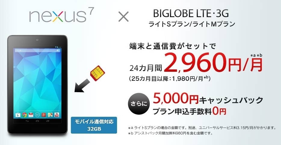 3g対応の Nexus 7 新モデルと Biglobe Lte 3g をセットで 月額2 960円から提供 モバイル通信が可能な Nexus 7 が 0円で購入できる特典も開始 Biglobeのプレスリリース