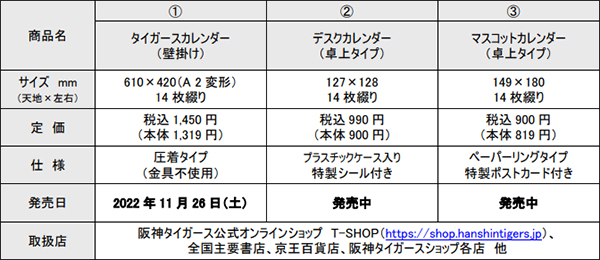 阪神タイガース カレンダー 2023（壁掛けタイプ）」11月26日（土）から