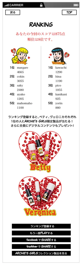 ベティ、ヴェロニカの得点ランキング1位の方にはそれぞれArchie's Girls限定製品をプレゼント