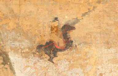 27歳、黒駒に乗って東国にあそび富士山に登る(第3面)／国宝「聖徳太子絵伝」(部分)