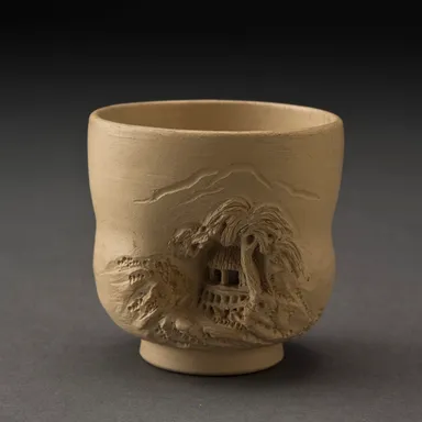 (1) 白泥彫刻藁屋文湯呑茶碗　秋田県／秋田焼　初代または二代奥田道遊