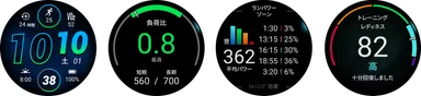 左から、ウォッチフェイス、負荷比、ランニングパワー、トレーニングレディネス