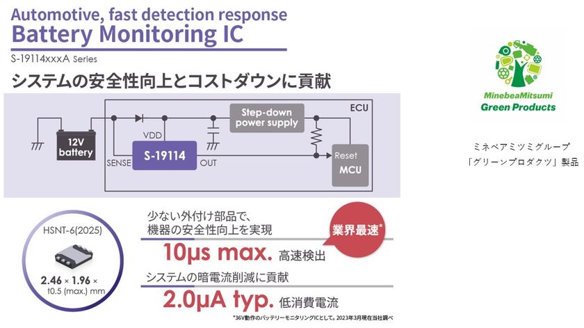 業界最速(※1)の電圧検出応答速度と低消費電流を両立 
車載用高耐圧バッテリーモニタリングIC「S-19114シリーズ」発売