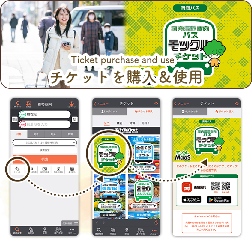 河内長野市内の南海バス全線乗り放題チケットを
クーポン付きで販売　観光客も生活者も
モバイルチケット利用で便利にお得に周遊！