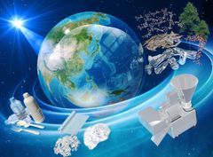RSC Sustainabilityの表紙に採用されたイラスト：植物、天然バイオマス、廃木材などの天然バイオマス廃棄物資源から、生分解性プラスチックなどの化学製品群を作り上げるイメージをあらわしている