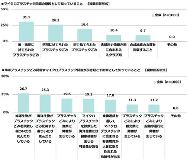 マイクロプラスチック問題の原因として知っていること/海洋プラスチックごみ問題やマイクロプラスチック問題が引き起こす影響として知っていること