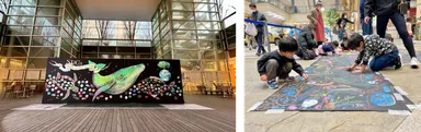 みんなでクジラの巨大アートをつくろう！(左・イメージ)　アウトドアチョークで鯉のぼりを描こう！(右・イメージ)
